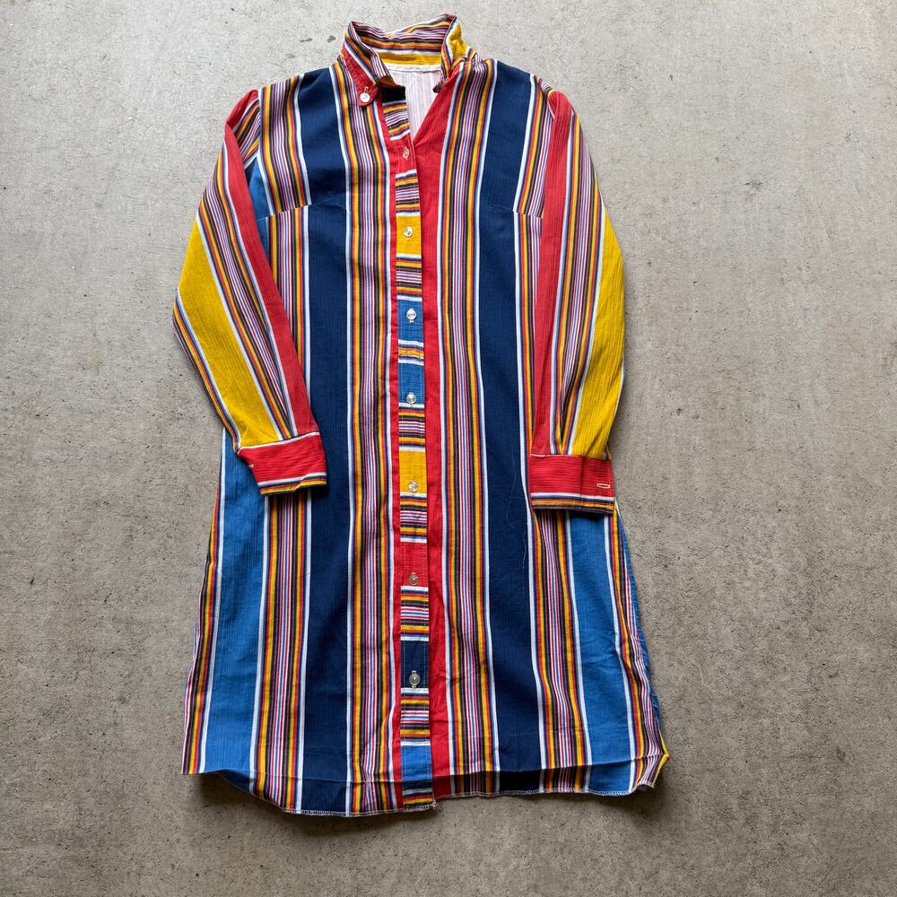 Women's Vintage 60's Red Blue Multicolor Striped Button Up Long Shirt Dress Sz M